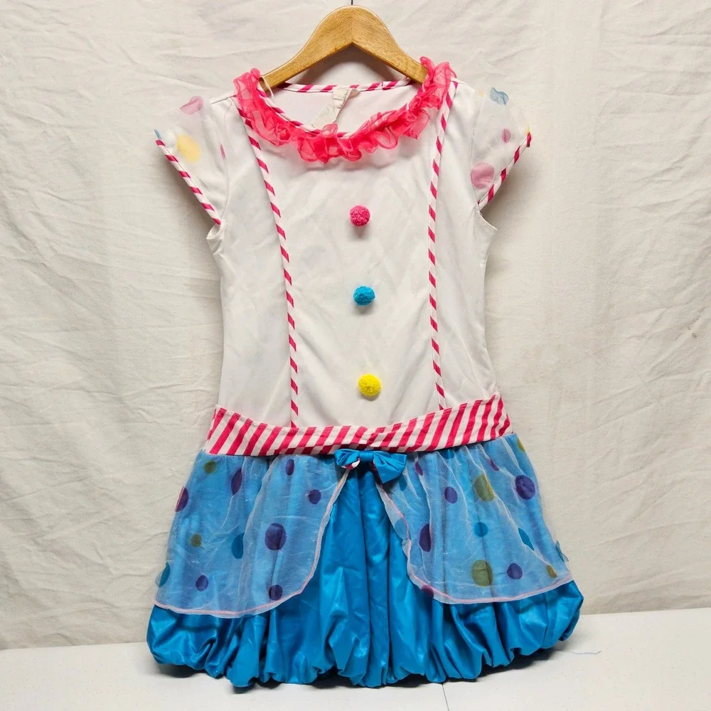 Spirit Halloween Dotsy Clown Costume Dress Girls XXL 14-16 White Blue Polka Dot - Picture 2 of 10